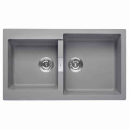 Cuba de sobrepor retangular dupla para cozinha reversível em Quarzex 860x500x200 com válvula e sifão Oslo Cinza