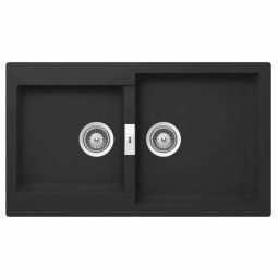 Cuba de sobrepor retangular dupla para cozinha reversível em Quarzex 860x500x200 com válvula e sifão Oslo Preto
